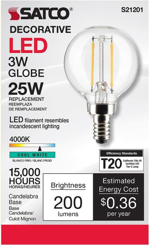 Satco 3-Watt LED E12 Light Bulb, 4000K, 15000 Hour Rating, Dimmable...
