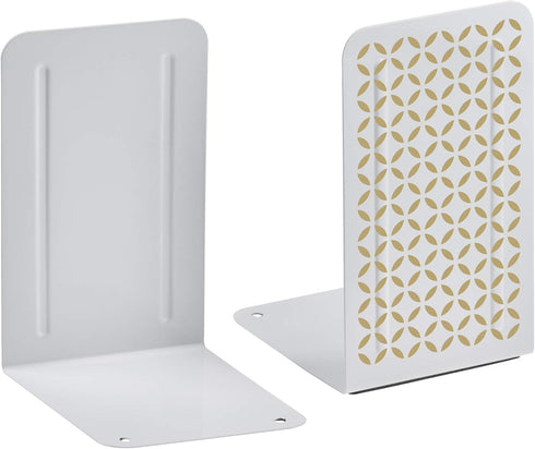 Acrimet Metal Bookends, Non-Skid Book Stand for Shelves, Heavy Duty Book Stopper, 6-7/8" H x 4" W x 4-1/2“ D, (White Bookend with Gold Design), 1 ...
