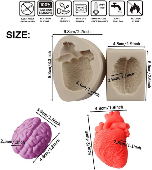 2PCS Halloween Heart and Brain Silicone Molds DIY Simulation Human Organ Fondant Mould Cake Candy Biscuit Polymer Clay Ice Mold Kitchen Baking Too...