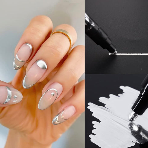 Chrome Metallic Marker Pen for Nail Art, 2PCS Gold Silver Liner Polish Pen, Drawing Dotting Nail Art Graffiti Pen, Mirror Effect Painting Gel, Mar...