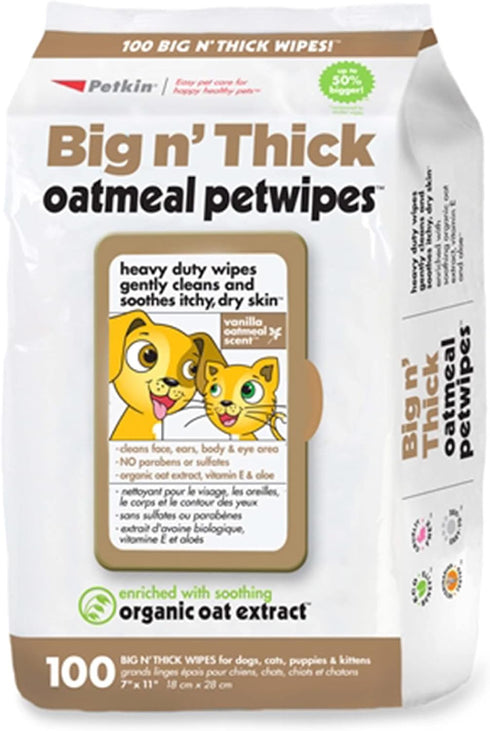 Petkin Pet Wipes for Dogs and Cats, Oatmeal, 100 Wipes (Large) for Dogs and Cats - Soothes Itchy Dry Skin and Cleans Ears, Face, Butt, Body and Ey...