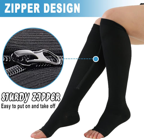 Bacophy 2 Pairs Zipper Compression Calf Socks 15-20 mmHg Open Toe Women Men...