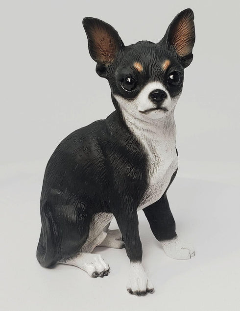 CHIHUAHUA Black White Dog Sits FIGURINE Resin DF06A...