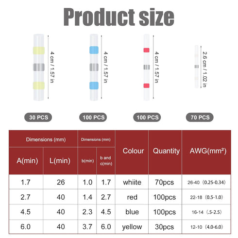 300pcs Solder Stick Seal Wire Connectors, 4 Sizes Butt Connectors Kit Solderstick Waterproof Electrical Wire Terminals Sleeves Heat Shrink Insulat...