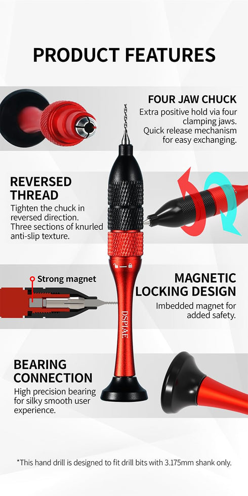 Precision Aluminum Alloy Hand Drill Set, Tungsten Steel Drill Bits (0.3mm-1.2mm)10pcs for Hobby Scale Model, Crafts...