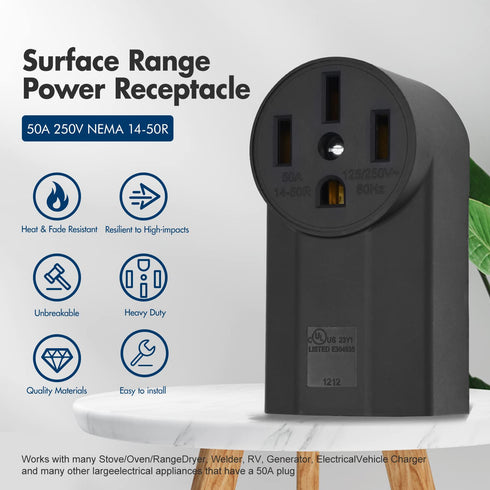 NEMA 14-50R Receptacle 3-Pole 4-Wire Surface Mount Power Receptacle 250V 50A UL Listed, bekca Black (NEMA 14-50R)...