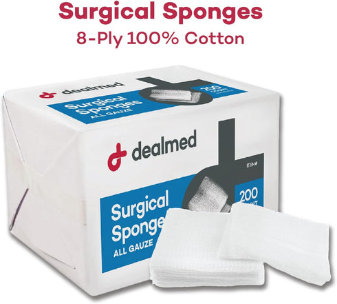 Dealmed 3" x 3" Surgical Sponges, 8-Ply, Non-Woven Absorbent Gauze Sponges for Wound Care, First Aid Kits and Medical Facilities, 200 Count (Pack ...