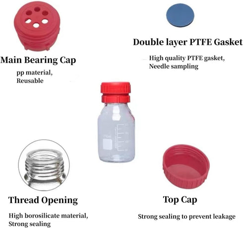 250ml Reagent Media Bottle, Graduated Glass Round Media Storage Bottle with Red double cover GL45 Screw Cap, Wide Mouth Lab Reagent Bottle, Clear,...