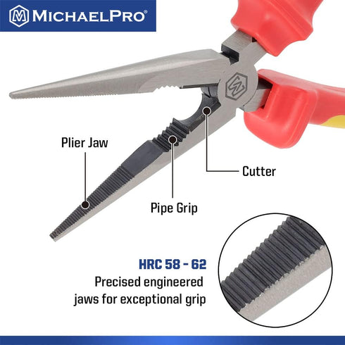 MichaelPro 8-Inch Insulated Long Needle Nose Plier, 1000V VDE Certified, for Electric Vehicles, Jaws Hardness HRC58 to 62, Two-Toned Anti-Slip Han...