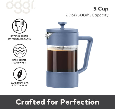 Oggi Borosilicate Glass French Press Coffee Maker (20oz)- 5 Cup Capacity, Coffee Press, Single Serve Coffee Maker, Stainless Steel Lid & Plunger, ...