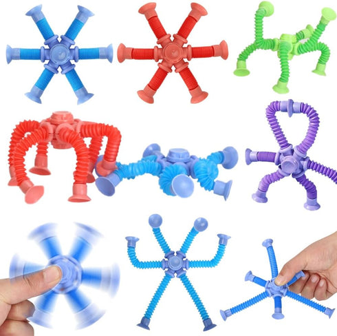 6 Pack Fidget Spinners Pop Tubes Fidget Toys, Shape Changing Telescopic Suction Cup Toy, Creative Learning Gifts Stress Relief and Anti Anxiety Pa...