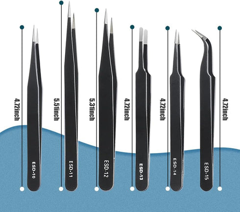 6 Pcs Precision Tweezers Set, Premium Non-Magnetic Stainless Steel Tweezer, ESD Curved of Tweezers for Electronics, Craft, Laboratory Work, Jewelr...