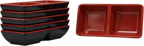 Ebros Red And Black Melamine Traditional Design Condiments Ketchup BBQ Soy Sauce Dipping Bowl or Dish With Divider 2 Partition Compartments Housew...