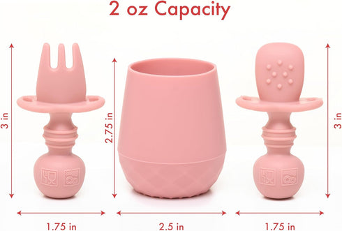 Baby Utensil Set (3 pcs) - Self Feeding Spoons and Tiny Cup - Silicone & BPA Free - Baby-Led Weaning (BLW) Supplies - Ages 6+ Months - Pink Baby C...