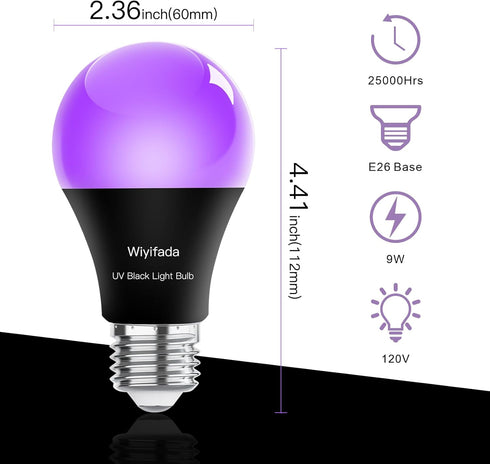 LED Black Light Bulbs 2 Pack, A19 9W UV Black Light Replace Up to 100W, 120V E26 Base Black lights UVA Level 385-400nm, Glow in The Dark for Body ...
