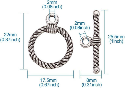 Beadthoven 20 Sets Tibetan Style Twisted Toggle T-Bar Clasps Mixed Color Round Bracelet Jewelry Claps Connectors OT Buckle Closure Findings for DI...