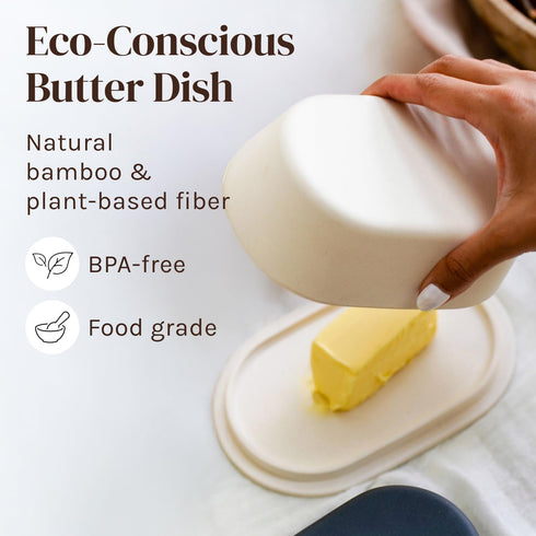 Eco Modern Bamboo Fiber Butter Dish with Lid For Countertop – White Butter Crock Holder – Small Tray Fits Kerrygold, European Style Sticks - Dishw...