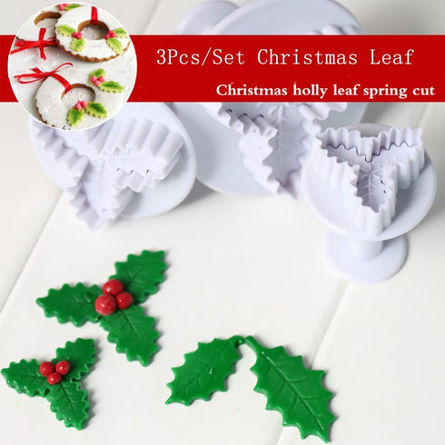 KALAIEN 3pcs Holly Leaf Plunger Cutter Fondant Baking Tools Cake Cookie Sugarcraft Decorating Mould...