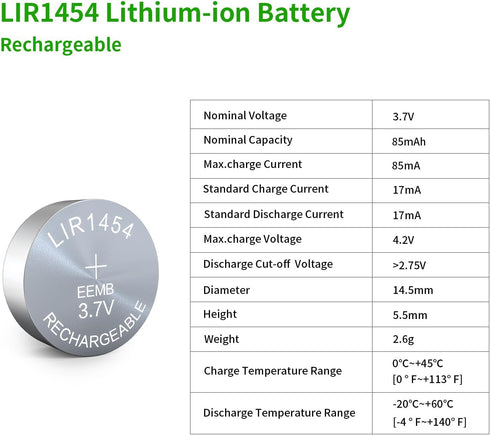 EEMB 4PACK LIR1454 Rechargeable Battery 3.7V Lithium-ion Button Batteries Coin Cell Battery for Earphone Wearable Device Watch...