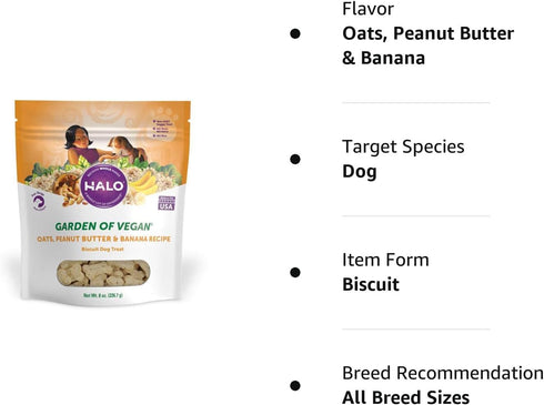 Halo Plant-Based Dog Treats with Peanut Butter and Banana, Vegan Dog Treat Pouch, 8oz bag...