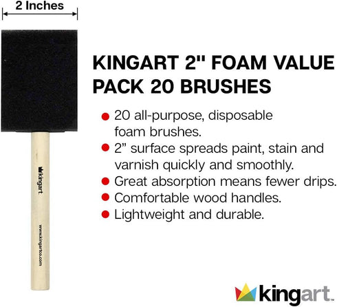 KINGART 242-20 Foam 20 Pc. Value Pack 2" Brush Set, Short Wood Handle, for Oil, Acrylic & Watercolor Paint, Great for Crafts, DIY Home Projects, H...