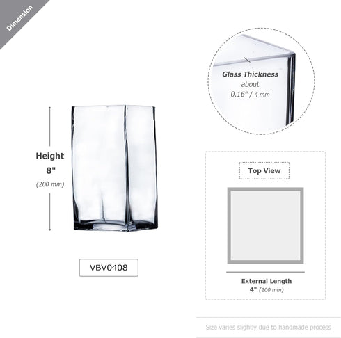 WGV Tall Square Vase Glass Block, Length 4", Height 8", Clear Bud Floral Container, Candle Holder, Planter Terrarium for Wedding Party Event, Home...