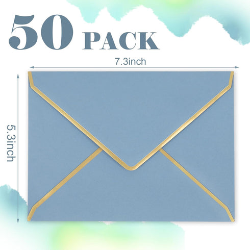 Whaline 50Pcs A7 Invitation Envelopes with Gold Border Dusty Blue Greeting Card Envelopes V-Flap Envelopes Gift Card Sleeves for Mailing Envelopes...