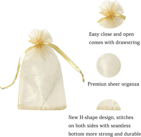 100pcs 5x7 inch Gifts Wrap Bags Gold, Organza Sheer Fabric Bulk, Drawstring Reusable Recycled Pouch for Baby Shower Favor, Craft Business, Beach, ...