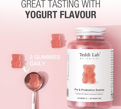 Unichi Pre & Probiotics Gummy, 60+ Billion Probiotics Combined with Prebiotic for Digestive Wellness and Inner Balance, NON-GMO, Yogurt Flavour, 6...