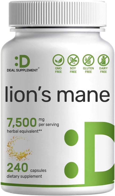 Lions Mane Mushroom Supplement, 7,500*mg Per Serving, 240* Capsules – Active Fruiting Body & Mycelium 10:1 Extract – Natural Brain Nootropic & Imm...
