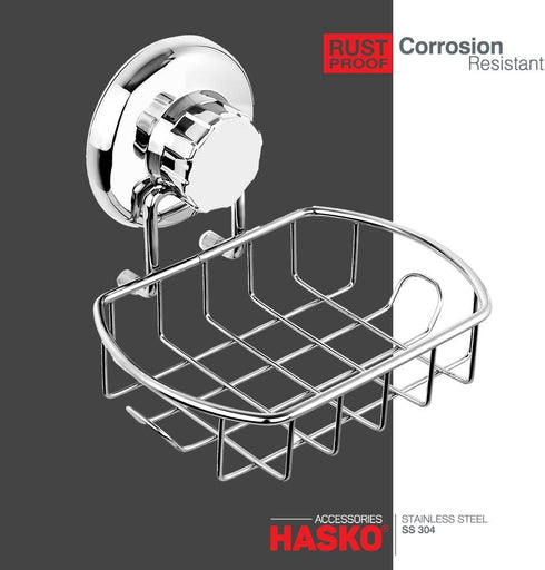 HASKO Suction Soap Dish with Hooks | Powerful Vacuum Suction Cup Soap Holder | Soap Basket Holder for Bathroom & Kitchen (Polished Stainless Steel...