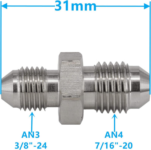 3AN AN3 Male Flare to AN4 Pipe Male Stainless Steel Brake Hose Fitting Adapter Union Connector,Brake and Clutch Adapter Fitting 3/8"-24 to 7/16"-2...