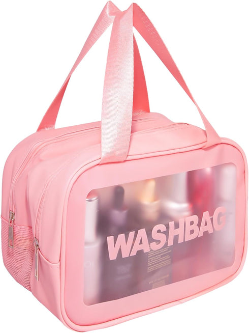 Travel Makeup Bag, Clear Toiletry Bag for Women, Cosmetic Bag with Wet& Dry Dividers, Large Make Up Bag Waterproof, Ideal Gifts (PU-Pink)...