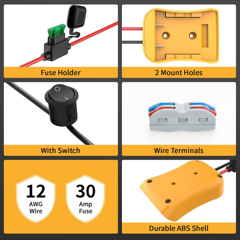 Power Wheels Adapter for Dewalt 20V Battery Adapter, 20V Power Wheels Battery Converter Kit with Fuses Holder and Switch, Wire Terminals, 12AWG Wi...