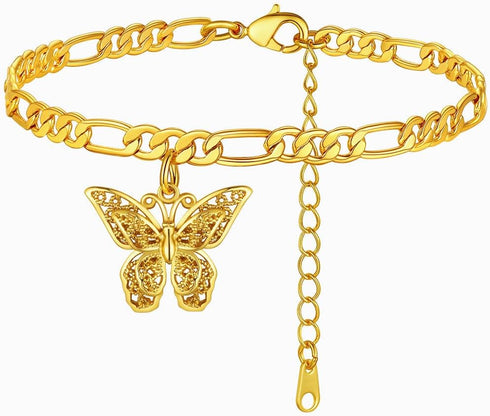 FindChic Butterfly Anklets for Women, 8.5'' to 10.5inch Dainty 18K Gold Plated Cute Charm Figaro Chain Ankle Bracelets Barefoot Jewelry...