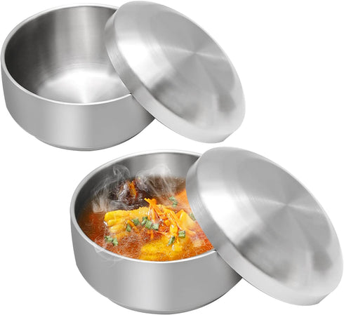 Stainless Steel Rice Bowl with Lid, Set of 2, for Korean Kitchen Restaurant, Double-walled Metal Bowls, Multi-Purpose Insulated Soup Bowls Snacks ...