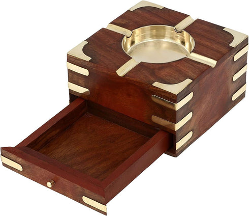 GURU JEE™ Handmade Indian Wooden Ashtray 4.5x4.5x2.25 Inch Indoor Outdoor Ashtrays With Storage Case Box Artisan Crafted Showpiece Gifts...