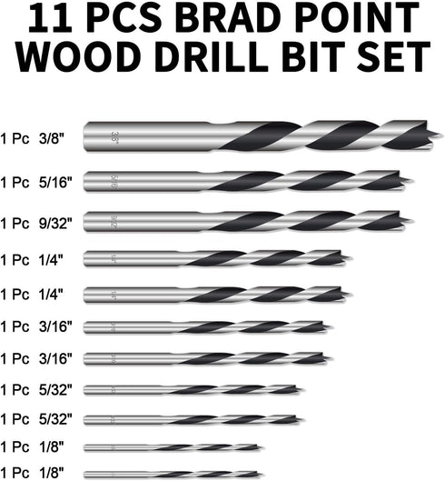 11-Pcs Wood Drill Bit Set Woodworking Brad Point Bit Set E01008...