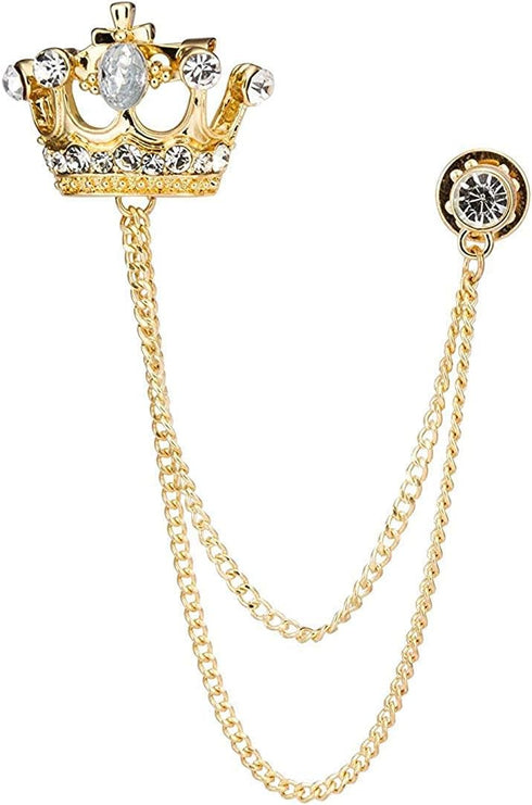 Lapel Pin for Men Golden Crystal Crown with Hanging Chain Brooch Suit Stud, Shirt Studs Men's Accessories Golden...