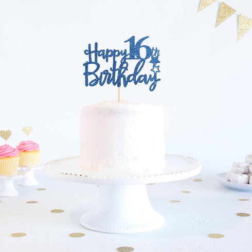 Royal Blue Glitter Happy 16th Birthday Cake Topper - 16 Sign Cake Topper - Cheers to 16 Years Party Supplies - 16th Birthday Party Decorations...