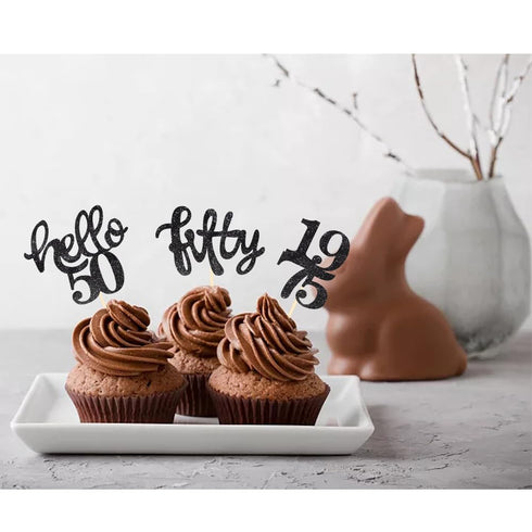 24 Pcs Black Glitter 50th Birthday Cupcake Toppers for 50th Birthday Celebrating Party Decorations...