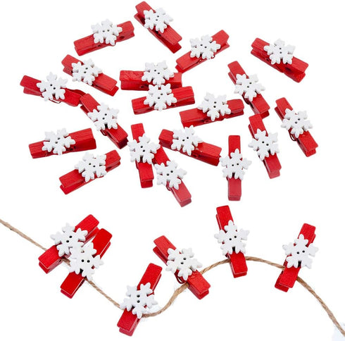Pack of 50pcs Christmas Clips, Snowflake Red Wood Clothespins for Game Favors Craft, Wood Clips Set for Card Paper Photo Photography Activity (Red...