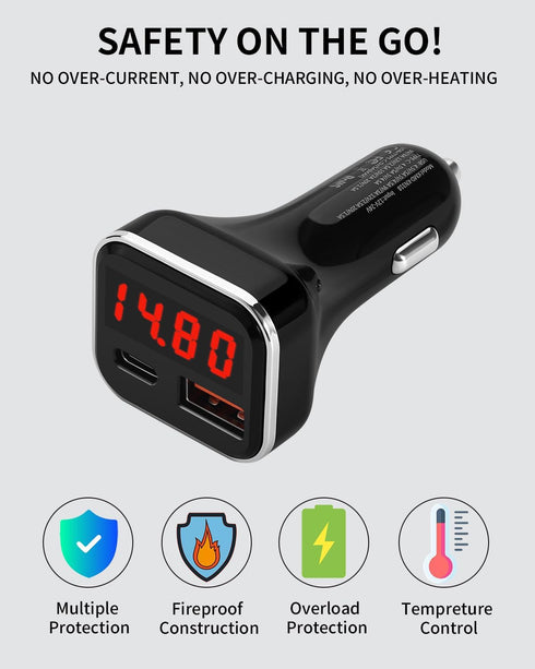 USB C Car Charger Adapter with Volt Meter, 30W Cigarette Lighter Adapter with Voltmeter, Type C Car Charger Fast Charging 12V, PD & QC 3.0 Compati...