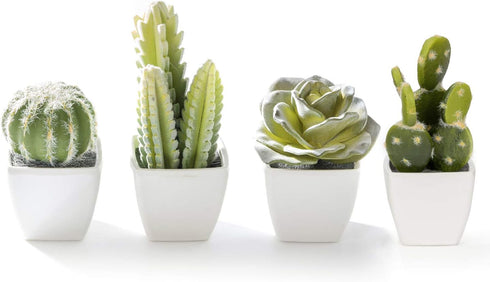 Artificial Mini Succulent & Cactus Plants in White Cube-Shaped Pots for Home Decor, Set of 4...