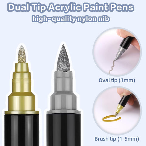24 Dual Tip Acrylic Paint Pens Markers, Metallic and Extra Black & White Paint Pen with Fine Tip & Brush Tip for Wood, Canvas, Metal, Rock, Glass,...