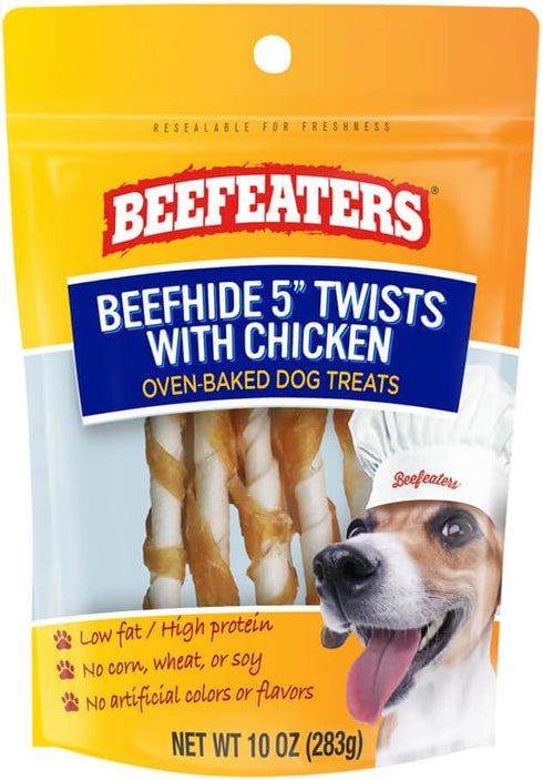 Beefeaters Dog Treats - Beefhide 5in Twist with Chicken 10oz | Dog Food High Protein, Low Fat, Enriched with Vitamins & Minerals | Promotes Clean ...