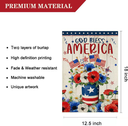 God Bless America Garden flag 12.5 x 18 Inch 4th of July Patriotic Floral Memorial USA Flag Double Sided Burlap Flag for Summer Anniversary Decor...
