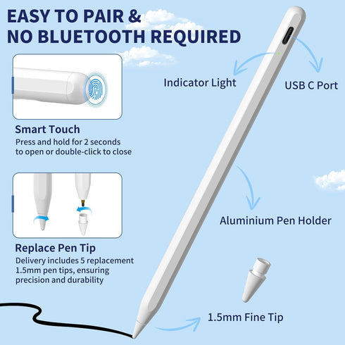 iPad Apple Pencil 9th&10th Generation, Fast Charge Stylus Pen for iPad Palm Rejection and Tilt Sensitivity, Compatible with iPad Pro 11/12.9in, iP...