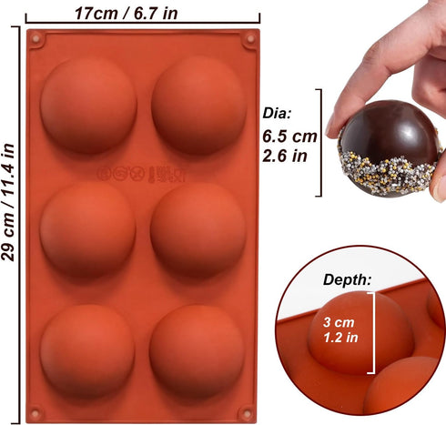 2 Pack Large 6-Cavity Semi Sphere Silicone Molds, Non-Stick Baking Mold for Making Standard Size Hot Chocolate Bomb, Cake, Jelly, Dome Mousse...
