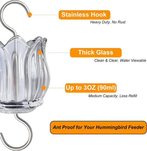 Glass Ant Moat for Hummingbird Feeder - 3 OZ Clear Tulip Insect Guard with Large Capacity...